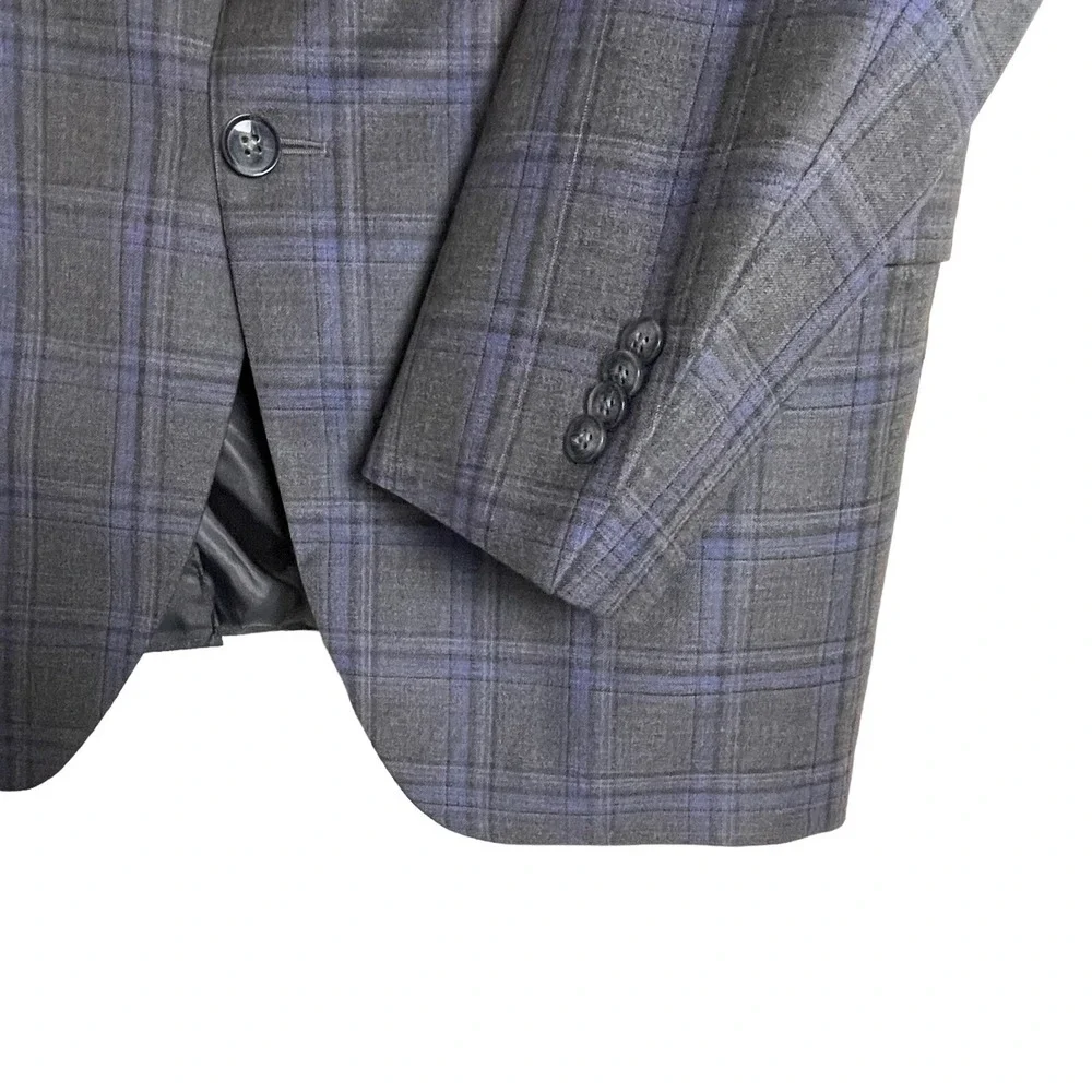 Peter Millar Wool Sharkskin Gray Blue Plaid Sports‎ Coat 44T Blazer